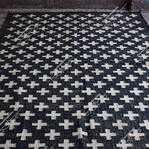 Handwoven Wool Jute Kilim Rug: Geometric Dhurrie, Turkish Design
