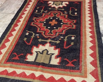 Handmade Wool Jute Kilim Rug,Wool Jute Kilim Rug,Wool and Jute Rug Handmade, Kilim Dhurrie Rug,Handmade Navajo Kilim Rug, Aztec Rug,