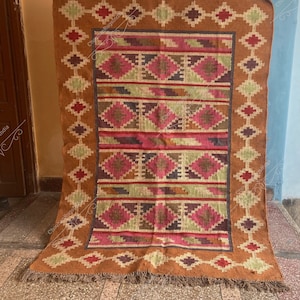 Handmade Wool Jute Kilim Rug: Bohemian Flatweave Area Rug