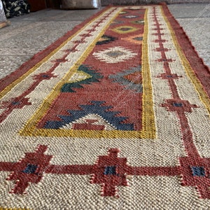 Handmade Wool Jute Kilim Rug: Bohemian Aztec Accent Rug