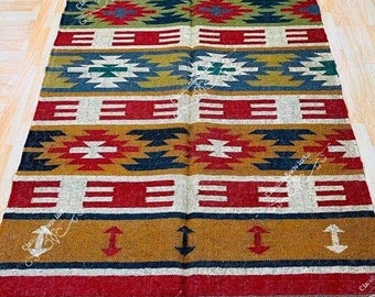 Alfombra Kilim de yute de lana, alfombra de yute de lana tejida a mano, alfombra de yute Kilim, alfombra de tejido plano, alfombra Boho, alfombra india Dhurrie, alfombra Navajo Kilim, alfombra personalizada