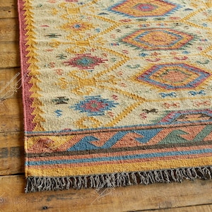 Alfombra Kilim de área hecha a mano, alfombra Kilim de yute de lana, alfombra de tejido plano, alfombra boho, alfombra dhurrie india, alfombra navajo kilim, alfombra personalizada, alfombra azteca, alfombra de acento imagen 1