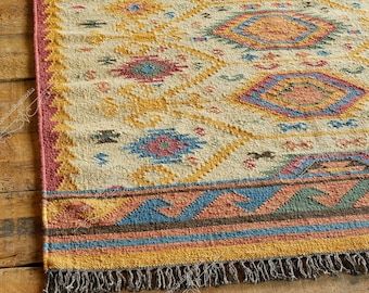 Handgefertigter Kelim-Teppich, Woll-Jute-Kelim-Teppich, Flachwebteppich, Boho-Teppich, indischer Dhurrie-Teppich, Navajo-Kelim-Teppich, individueller Teppich, aztekischer Teppich, Akzentteppich