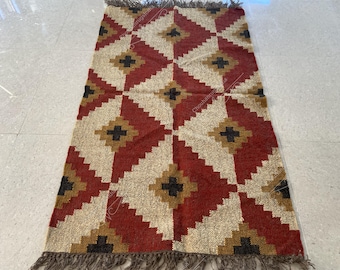 Handwoven Wool Jute Kilim Rug: Bohemian Geometric Dhurrie