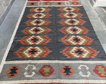 Handmade Navajo Kilim Rug, Aztec Rug, Accent Rug, Outdoor Rug/Indoor Rug, Living/Dinning Room 5X7 ft Indian Tribal Wool Jute Rug maltiColor