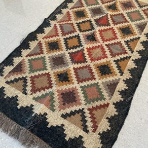 Handwoven Wool Jute Kilim Rug: Bohemian Geometric Runner