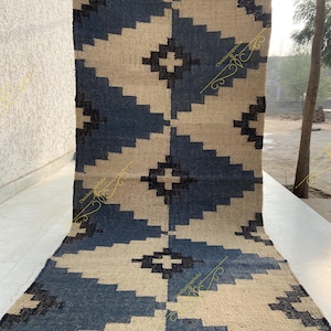 Handwoven Wool Jute Kilim Runner Rug: Bohemian Home Decor