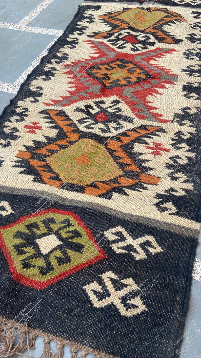 Handwoven Wool Jute Runner Rug: Geometric Kilim Design - Etsy