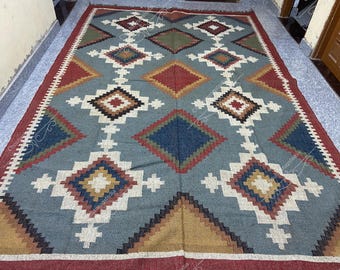 Handmade Navajo Kilim Rug, Aztec Rug, Accent Rug, Outdoor Rug/Indoor Rug, Living/Dinning Room 5X7 ft Indian Tribal Wool Jute Rug
