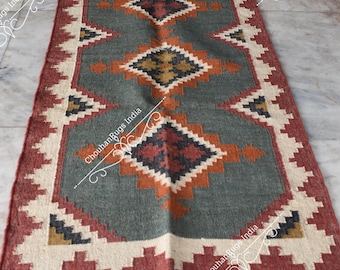 ハンドメイドウールジュートキリムラグ：幾何学模様の廊下ランナー