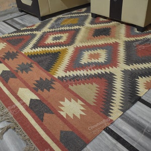 Handwoven Wool Jute Kilim Rug: Traditional Indian Dhurrie