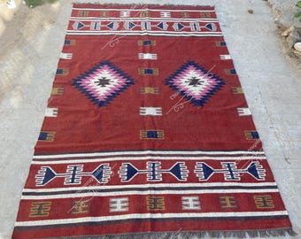 Handmade Wool Jute Kilim Rug,Wool Jute Kilim Rug,Wool and Jute Rug Handmade, Kilim Dhurrie Rug,Handmade Navajo Kilim Rug, Aztec Rug,