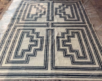 Alfombra Kilim hecha a mano: Dhurrie de yute y lana, diseño geométrico turco