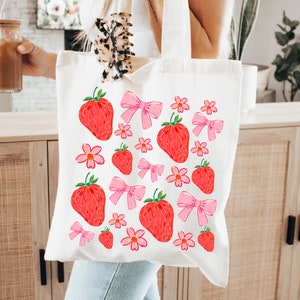 Coquette Strawberry Tote Bag Strawberry Bag Strawberry Gifts Strawberry Lover Gift Spring Tote Reusable Grocery Tote Farmers Market Bag