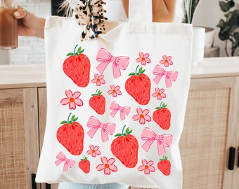 Kokette Erdbeer-Einkaufstasche, Erdbeer-Tasche, Erdbeer-Geschenke, Erdbeer-Liebhaber-Geschenk, Frühlings-Einkaufstasche, wiederverwendbare Einkaufstasche, Bauernmarkt-Tasche