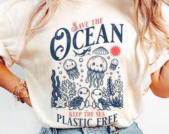 Proteger nuestros océanos camisa estilo inspirado en el océano camisa de animales oceánicos salvar la camisa del océano camisa de medusa camisa de concha marina camisa de tortuga marina