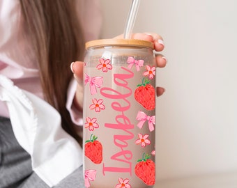 Taza de cristal personalizada con lazo de fresa y flores, taza de café de cristal, Libbey Glass Libby Glass Coquette Glass Cup, taza de cristal personalizada