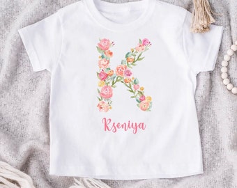 Children’s Kids Personalised Flower Letter T Shirt Cute Girls Custom Clothes Tops Shirt Name Baby Gift