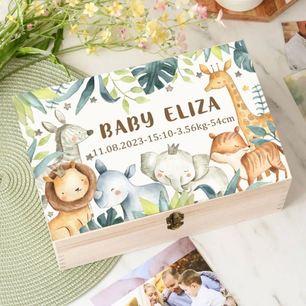 Personalised Baby Memory Box Custom Safari Wooden Box Newborn Baby Shower Gift Birth Present Storage Name Keepsake