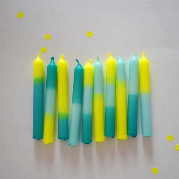 Zuverlicht_mix | mint_türkis_neongelb | 6er, 10er Set Geburtstagskerzen | Neon | Dip Dye | Kleine Kerzen | Kindergeburtstag