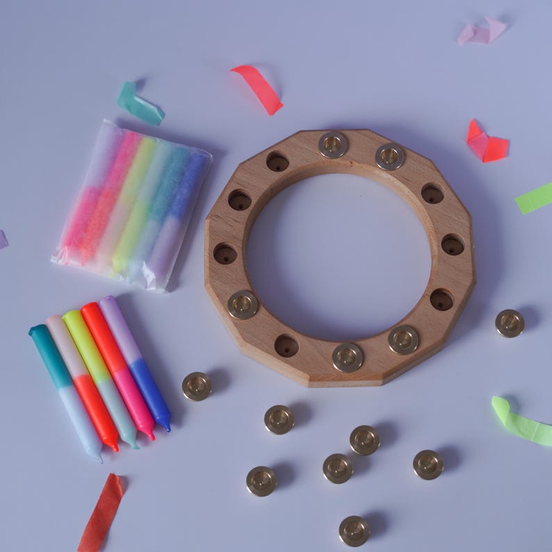 Birthday ring set complete with brass inlays, candles and solid beech wood ring | Square | Small party | Children's birthday image 3