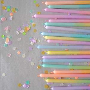 Può includere: Una vista dall'alto mostra una collezione di candele di compleanno dai colori pastello con un effetto sfumato. Le candele sono disposte su una superficie grigio chiaro, cosparse di coriandoli nelle tonalità pastello abbinate. Le candele passano da tonalità chiare a più scure.