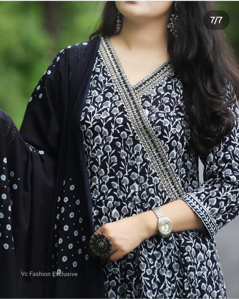 Comfy Black cotton blend floral printed embroidered straight fit kurta set with dupatta main image 1