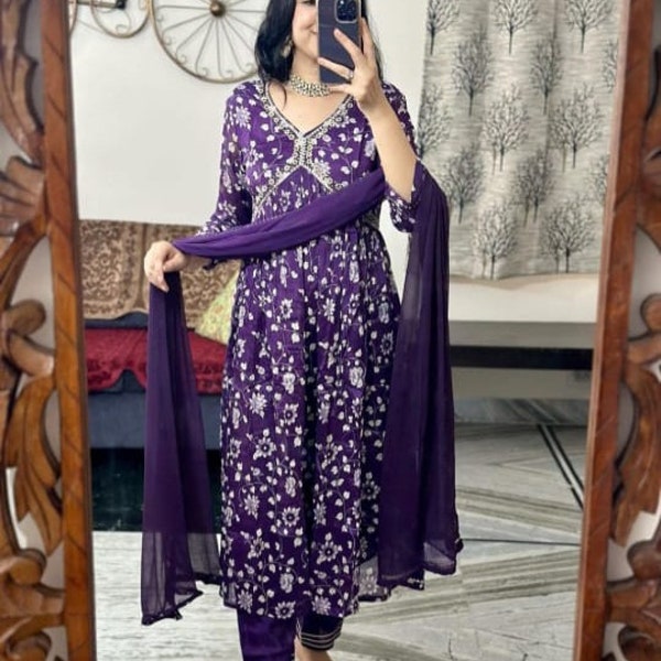 Designer alia cut kurta set with dupatta, purple kurta pant set, salwaar kameez 3PCs, kurta kurti set, ready to wear kurtis, wedding dress