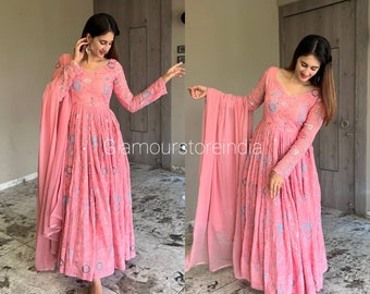 Premium designer indian anarkali kurti set with dupatta, readymade Partywear outfit, salwaar kameez 3pcs, pink dress, long flared gown kurti
