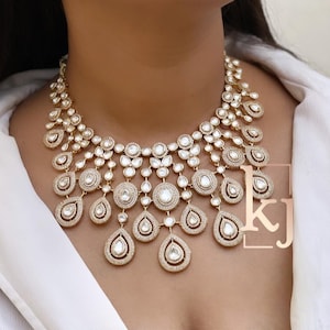 Sabyasachi Inspired Gold Tone Finish Moissanite Uncut Polki Kundan Necklace with Earrings Kundan Necklace Set Bridal Jewelry Set