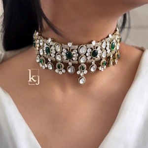 Green Victorian Doublet Moissanite Polki Cz Kundan Choker Necklace,Indian Bridal Jewelry,Bollywood Sabyasachi Designer Choker , Pakistani