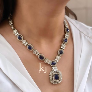 Victorian Blue Doublet Moissanite Kundan Statement Necklace, Sabyasachi Inspired Necklace,Designer Necklace,Indian Pakistani Jewelry