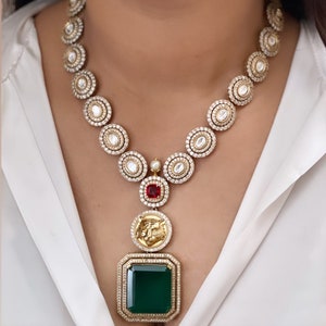 Polki Necklace Red Kundan Pendant Sabyasachi Jewelry Victorian Polki Diamond Necklace Long Indian Necklace Moissanite Polki Jewelry