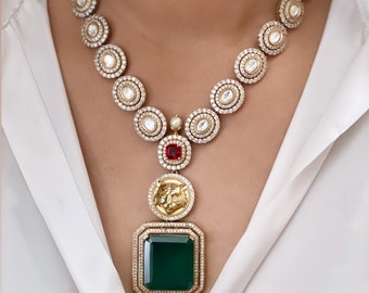 Sabyasachi Inspired Kundan Polki Necklace, Emerald Tiger Pendant, Victorian Indian Jewelry