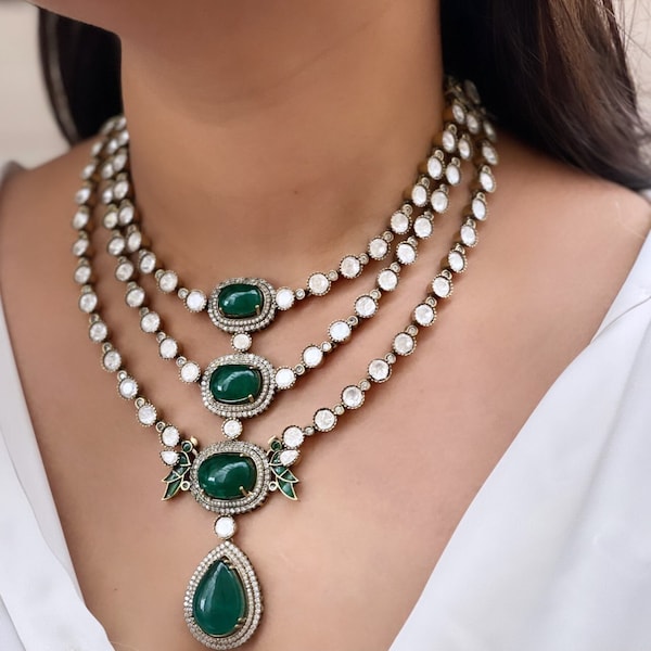 Sabyasachi Inspired Premium Victorian Three Layered Uncut Faux Moissanite Polki Kundan Emerald Green Doublet Diamond Long Necklace Earrings