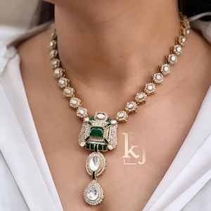 Vintage Sabyasachi Inspired Premium Fusion Uncut Polki Kundan Ruby Emerald Sapphire Statement long set Bollywood Set Uncut Punjabi Set