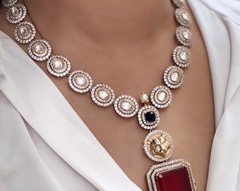 Polki Necklace Red Kundan Pendant Sabyasachi Jewelry Victorian Polki Diamond Necklace Long Indian Necklace Moissanite Polki Jewelry