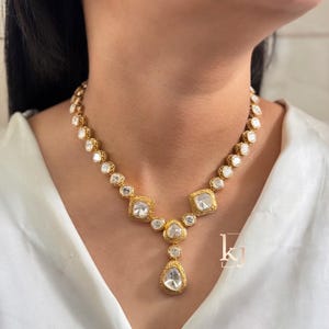 Premium Sabyasachi Inspired Long Victorian Uncut Moissanite Polki Kundan Pendant Necklace Set Indian Pakistan Jewelry Wedding Necklace Set