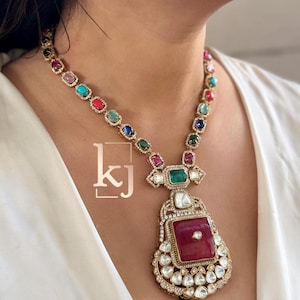 Multi Victorian Moissanite Polki Kundan Necklace,Sabyasachi Designer Necklace,Bollywood,Indian Pakistani Jewelry for Wedding, Bridal jewelry