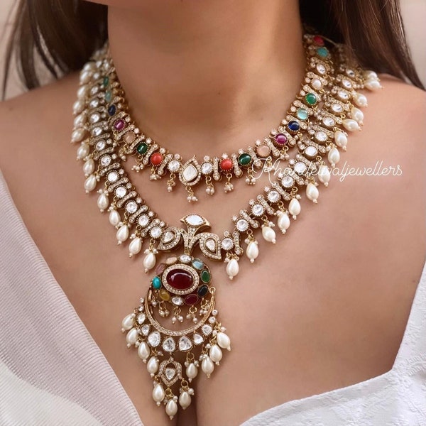 Victorian Wedding Glamour - Kundan Necklace Set with Vintage Diamond Indian Jewelry