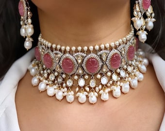 Victorian Kundan Choker Set Pink Stones | Polki CZ Bridal Necklace | Sabyasachi Style Wedding Jewelry