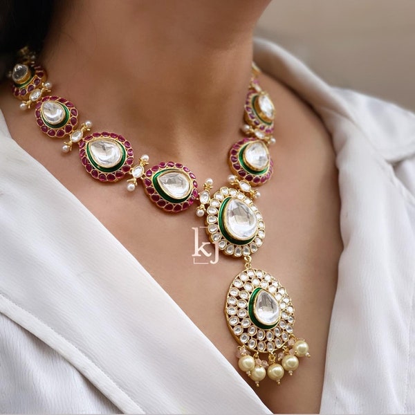 Most Premium Long Neckless Statement Set, Sabyasachi inspired/vintage jewelry/diamond ruby pearl necklace/ antique gold diamond necklace