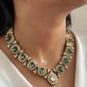 High Quality Emerald Necklace Set with Earrings/ Wedding Necklace Set/ Sabyasachi Inspired Kundan Jewellery/ Indian Kundan Jewellery