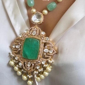 Sabyasachi inspired Emerald Long American Diamond CZ Necklace Set Indian Wedding Jewelry Emerald Victorian Necklace Wedding Jewelry Gift