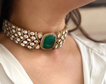 Emerald Choker: Gold Sabyasachi Victorian Necklace, Indian Jewelry