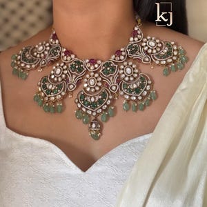 Sabyasachi Inspired Moissanite Polki Red Green Necklace Gold Finish | Polki Necklace Set | Indian Wedding Jewelry | Bridal Jewelry Set |
