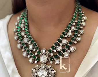 Kundan Bridal Necklace Set: Green Emerald, Polki Diamond, Gold Plated