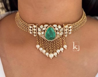 Mint Green Polki Kundan Choker Necklace: Sabyasachi Inspired Victorian India Jewelry