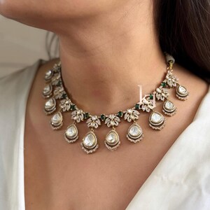 Sabyasachi Inspired Jewelry Emerald Green Doublet Uncut Faux Moissanite Polki Kundan Necklace Set Tyaani Jewelry Pakistani Wedding Jewelry