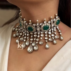 Premium Amrapali Jewelry Inspired Royal Victorian Gold Emerald Green Doublet Uncut Moissanite Faux Polki Kundan Necklace Set Indian Jewelry